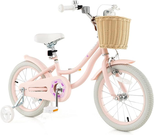 COSTWAY Kids Bike, 14 16 18 Inch Toddler Bike with Training Wheels, Basket, Adjustable Seat & Handlebar, Hand & Coaster Brakes, Bell, for Girl Boy Aged 3-8 Years Old