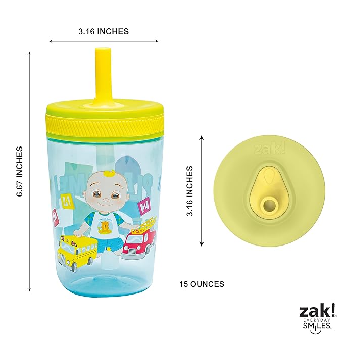 Zak Designs 15oz Cocomelon Kelso Tumbler Set, Leak-Proof Screw-On Lid with Straw Made of Durable Plastic and Silicone, Perfect Bundle for Kids