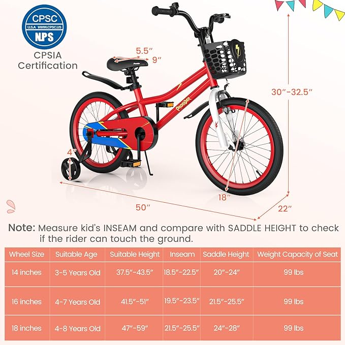 BABY JOY Kids Bike, 12 14 16 18 Inch Children Bikes for Boys Girls Age 3-8 Years w/Training Wheels, Handbrake, Coaster Brake & Removable Basket, Kids Bicycle of Multiple Colors