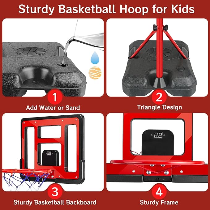 Kids Basketball Hoop Adjustable Height 3.5FT-6.2FT, Indoor & Outdoor Toddler Basketball Hoop with Scoreboard & LED, Boys Basketball Toy for 3 4 5 6 7 8 Years Gift, Portable Basketball Goals Sport Game