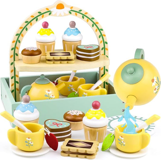 Wooden Tea Sets for Little Girls 1-3 Play Food Cake Toys Toddlers 3-5 Kitchen Accessories Pretend Play Princess Playset for 2 3 4 5 6 Year Old Girl Boy Party Birthday Gift