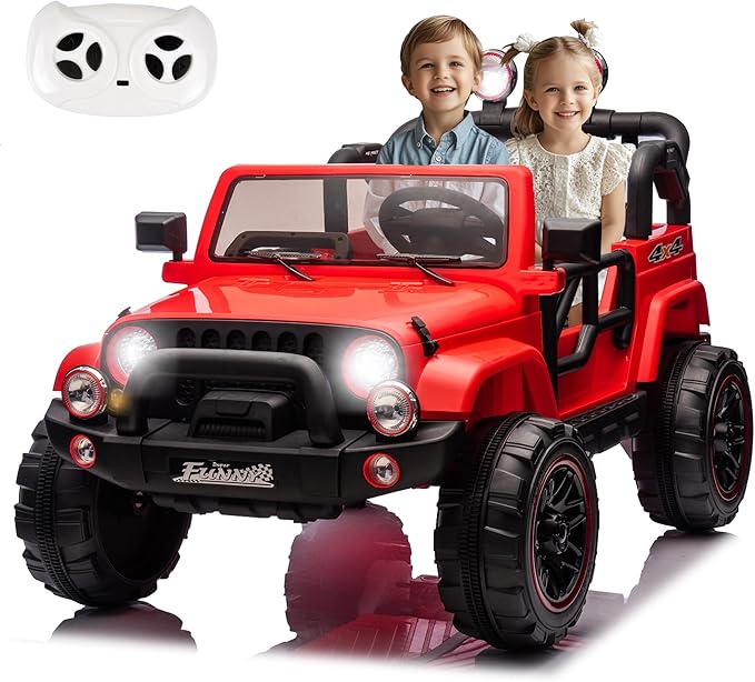 24V XL Kids Electric Ride on Truck Car 2 Seater Remote Control for Toddlers 2-8, 160W 2 Motors 5MPH Max Speed, Bluetooth USB Music Player, LED Lights Safety Belt, Gift for Boys Girls, Red