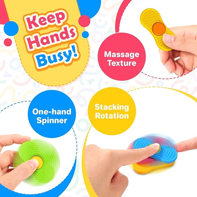 Sensory Fidget Spinnes for Kids Adults：Textured Finger Fidgets 4 Pack, Quiet Classroom Prize, Worry Stones for Kids with Autism ADHD, Anxiety Relief Office Desk Stress Toys Stocking Stuffers