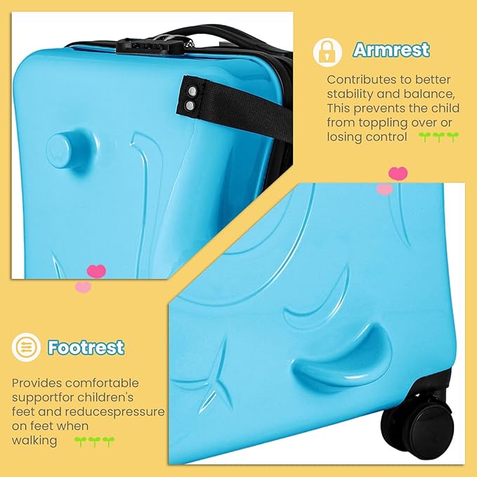 20" Kids Ride On Suitcase with Wheels and Password Lock, Scooter Luggage for Toddlers Travel, Durable Children's Suitcase for Boys & Girls Ages 2-6Years (20 Inch)