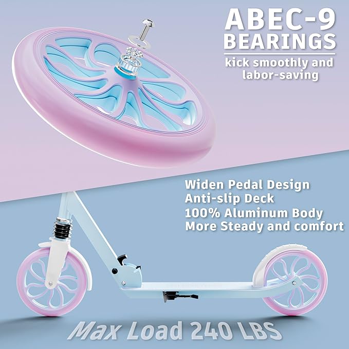 PHOEROS Kick Scooter for Kids Ages 6-12,Teens & Adults, Youth. Lightweight Aluminum Kick Scooter for Teens Adults Boys Girls with 8 inch Big Wheels, Foldable, 3 Height Adjustable, Shock Absorption.