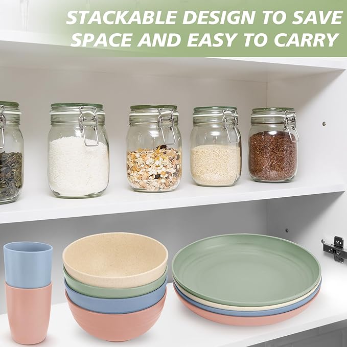 Shopwithgreen Wheat Straw Dinnerware Sets for 4, 20 PCS Unbreakable Plates and Bowls Sets, Reusable Dinner Dishes Set, Bowls, Cups, Plates for Camping, Kitchen, RV, Dorm, Dishwasher Microwave Safe