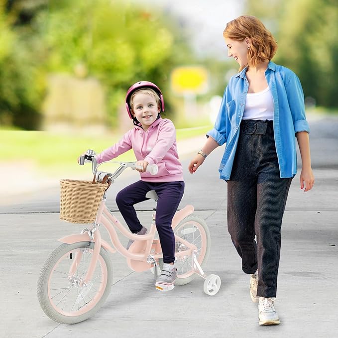 COSTWAY Kids Bike, 14 16 18 Inch Toddler Bike with Training Wheels, Basket, Adjustable Seat & Handlebar, Hand & Coaster Brakes, Bell, for Girl Boy Aged 3-8 Years Old