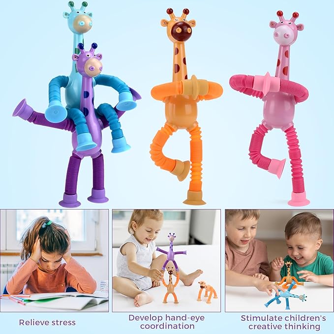 12Pack Telescopic Suction Cup Giraffe Toy, Pop Tubes Toddler Travel Toys, Educational Fidget Toys for Anxiety Kids for 3 4 5 6 7 8 9 Year Old Boys Girls