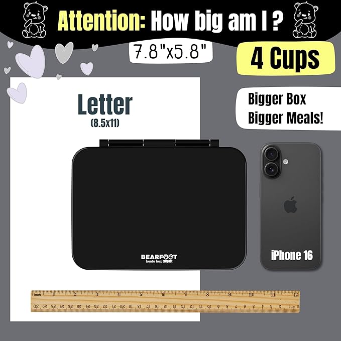 BEARFOOT Kids Lunch Box with Compartments – Compact & Lightweight | Leak-Proof, BPA-Free, Dishwasher & Microwave Safe | Hand-Drawn Design for Preschool, School, Travel (Black, 4 Cups)