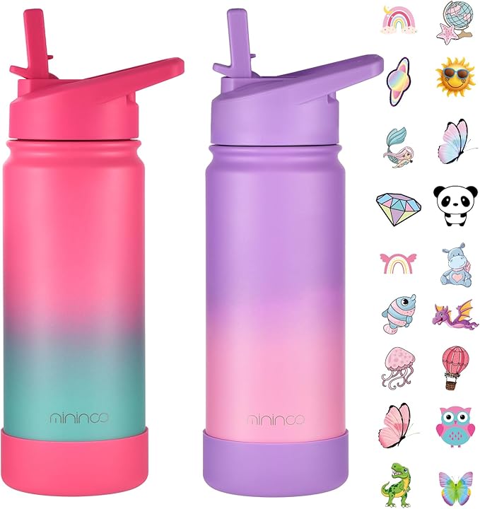 mininoo Kids Water Bottle for School, 16oz Stainless Steel Insulated Water Bottle Kids with Straw Lid for Girls, Boys (2 Pack)