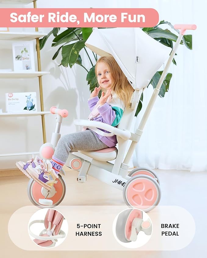 JMMD Baby Tricycle, 7-in-1 Foldable Kids Trike with Adjustable Parent Handle, Safety Harness & Wheel Brakes, Removable Canopy, Stroll Trike for Boys & Girls Ages 18 Months-5 Years, Pink