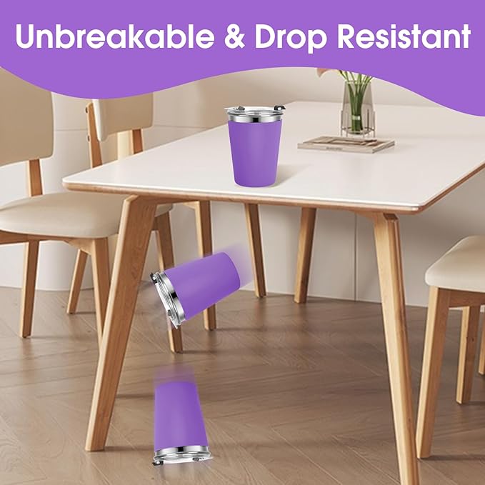 Kids Cups with Straws and Lids Leak Proof, 12oz Sippy Cups for Toddlers 1-3 No Spill, 2 Pack Spill Proof Cup Stainless Steel Kids Cup with Lids for School, Outdoor (Pink & Purple)