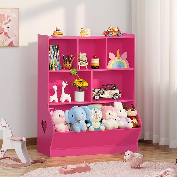 Lerliuo Kids Storage Organizer, 3 Tier Children Bookcase and Bookshelf, Toddler 6 Cubby Cabinet, Wood Book Shelf for Playroom, Bedroom, Living Room, Nursery, School 39.17'' H (Pink)