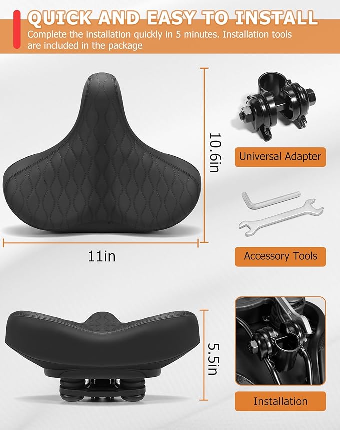 Wide Bicycle Seats for Comfort Men & Women, Oversized & Extra Soft Padded Bike Seat Cushion, Comfortable Large Bike Saddle for Ebike, Mountain Bike, Beach Cruiser, Stationary Exercise Bike