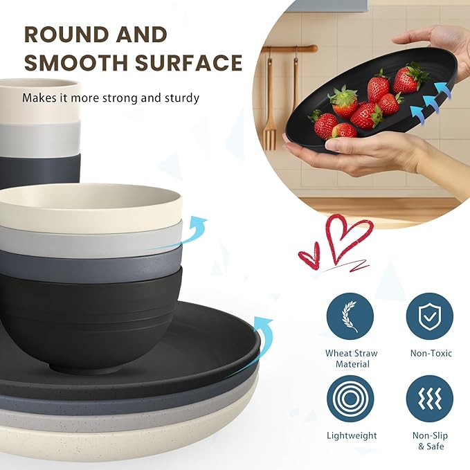 Homienly Unbreakable Wheat Straw Dinnerware Sets, Plastic Plates and Bowls Sets Alternative 20 PCS, Microwave & Dishwasher Safe Dish Set for Kitchen, Camping, Kids, Apartment, Lightweight(Grey Stone)