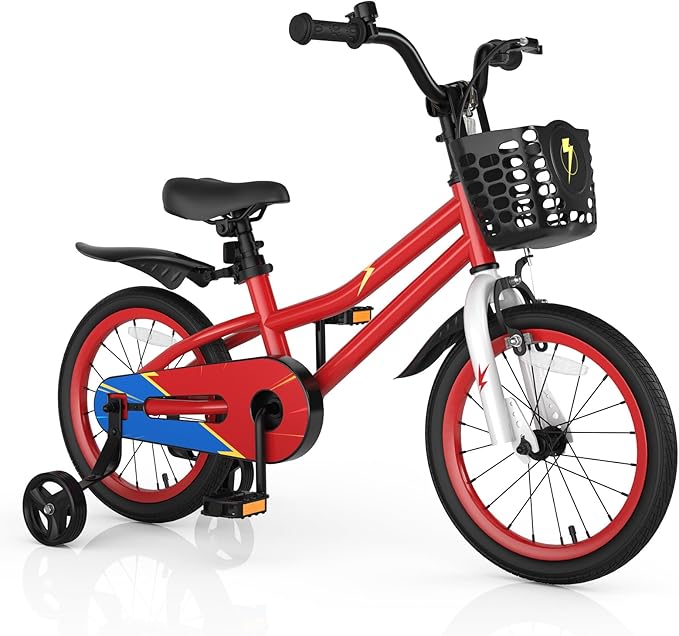 COSTWAY Kids Bike, 12 14 16 18 Inch Toddler Bike for Boys & Girls Aged 3-8 Years Old, Kids Bicycle w/Removable Training Wheels, Handbrake & Coaster Brake, Basket, Bell