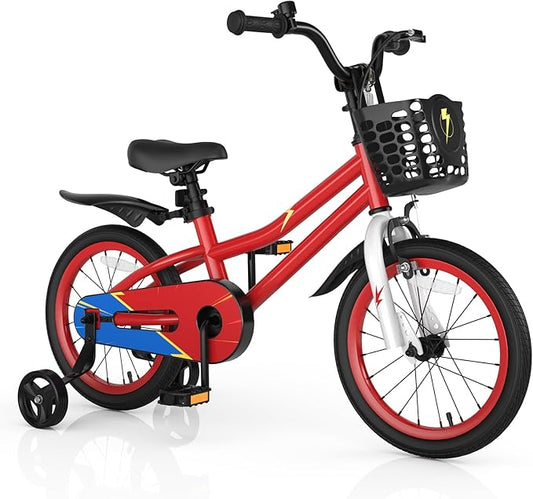 COSTWAY Kids Bike, 12 14 16 18 Inch Toddler Bike for Boys & Girls Aged 3-8 Years Old, Kids Bicycle w/Removable Training Wheels, Handbrake & Coaster Brake, Basket, Bell