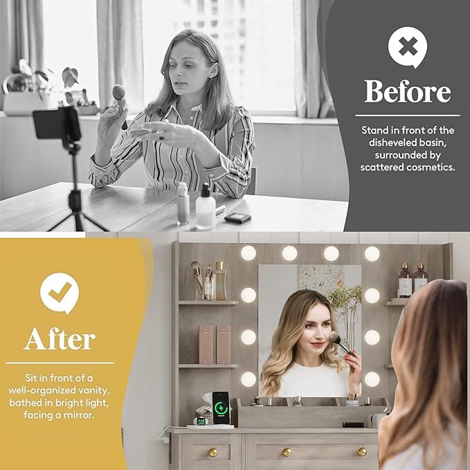 Vanity Makeup Desk with Mirror and Lights, Farmhouse Vanity Table Set with Storage Drawers, Charging Station & Chair, 43" Large Rustic Dressing Table, 3 Lighting Modes for Women Girls Bedroom, Grey