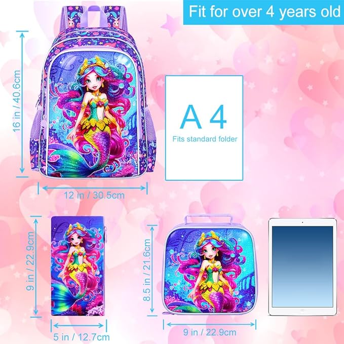 CCJPX 3PCS Kids Backpack for Girls, 16”Mermaid Sequin Preschool Bookbag Set, Cute Water Resistant School Bag for Elementary Kindergarten Toddler