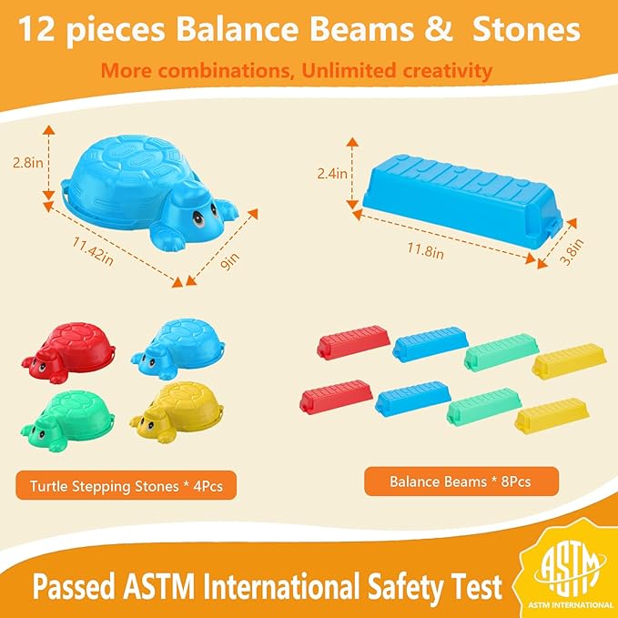 Balance Beams Stepping Stones For Kids - 12 Piece Turtle Jumping Stepping Stones Balance Beams, Toddler Indoor or Outdoor Play Obstacle Course, Sensory Play for Active Kids Ages 2 3 4 5 6 Year Old