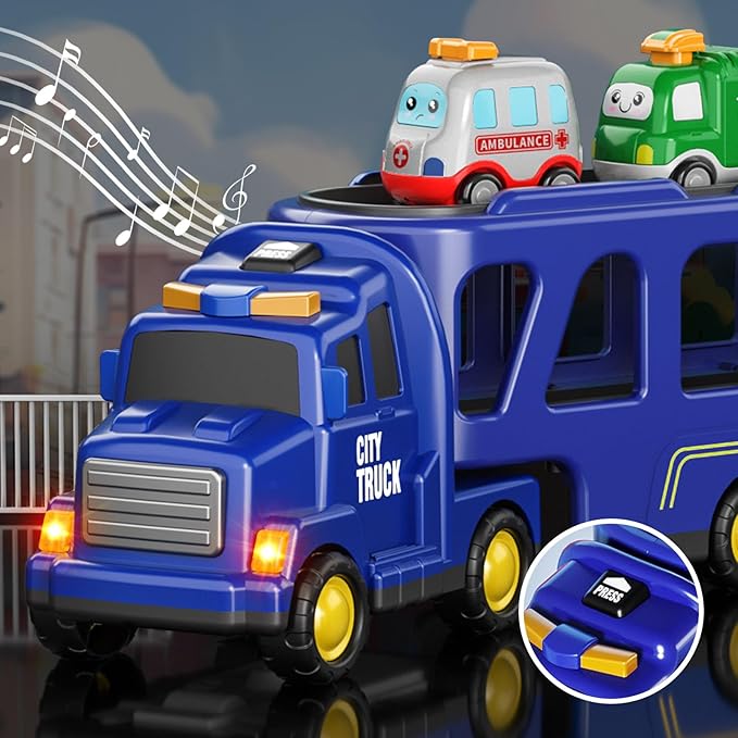 Boy Toddler Trucks Toys for Boys Kids, 16.9-in Longer Transport City Truck with 6 Cars, Car Truck Toys with Lights & Sounds, Birthday Gift for 3 4 5 Years Old Boys and Girls