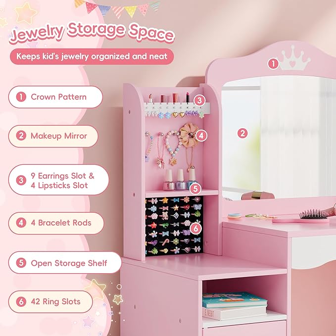 MU Kids Vanity, Girl Vanity Set with Mirror and Stool, 2 in 1 Toddler Makeup Vanity Table with Jewelry Storage, Wooden Princess Makeup Desk Dressing Table for Little Girls, (Pink)