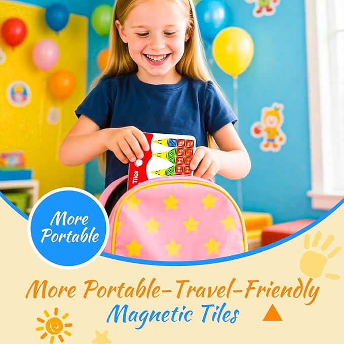Mini Magnetic Tiles for Kids Ages 3-8, Travel Magnetic Building Blocks with Metal Storage Box, STEM Educational Toys, Montessori Sensory Learning Toys for Toddlers, Boys & Girls Gift for Christmas
