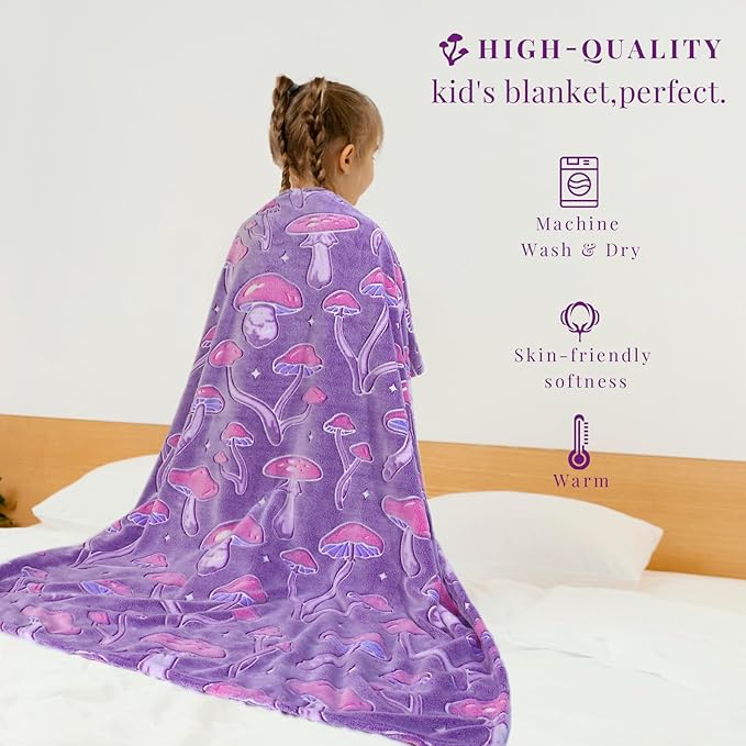Twin Size Mushroom Blanket Glow in The Dark - Soft Fuzzy Purple Fleece Throw Cottagecore Bedding for Women Teens, Couch Sofa Home Decor 60x80inches
