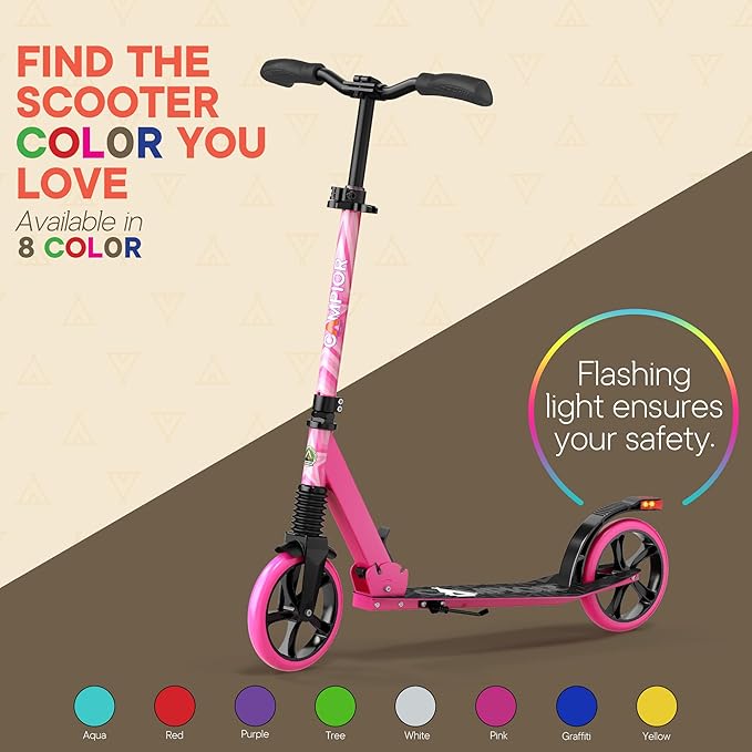 Kick Scooter for Ages 6+, for Kids, Teens, and Adults, Max Load 240 LBS, Foldable, 8-inch Big Wheels for Kids and Adults, with Kickstand, 3 Adjustable Levels, Child Safety Approved, Pink