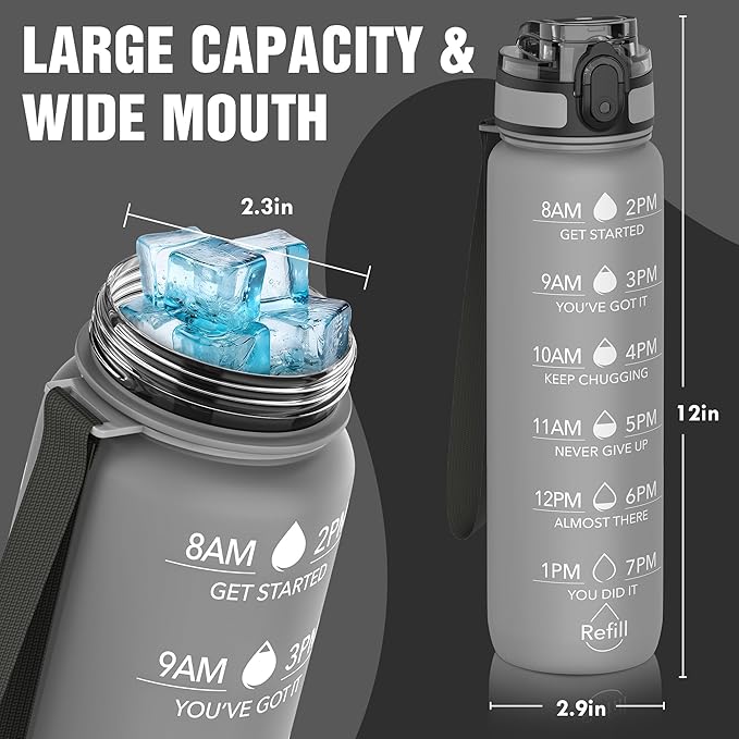 OLDLEY Water Bottle, 32oz Motivational Sports Water Bottle with Time Marker - Times to Drink - Tritan, BPA Free, Wide Mouth Leakproof, Grey Misty (1 Bottle)