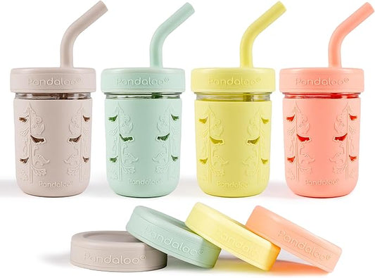 Pandaloo® Mason Jar Toddler Cup - 8 oz Spill-Proof Glass Tumbler with Silicone Straw and Lid, Non-Slip Sleeve, BPA-Free Toddler Snack Cups - Perfect Smoothie Cups with Lids and Straws for Kids