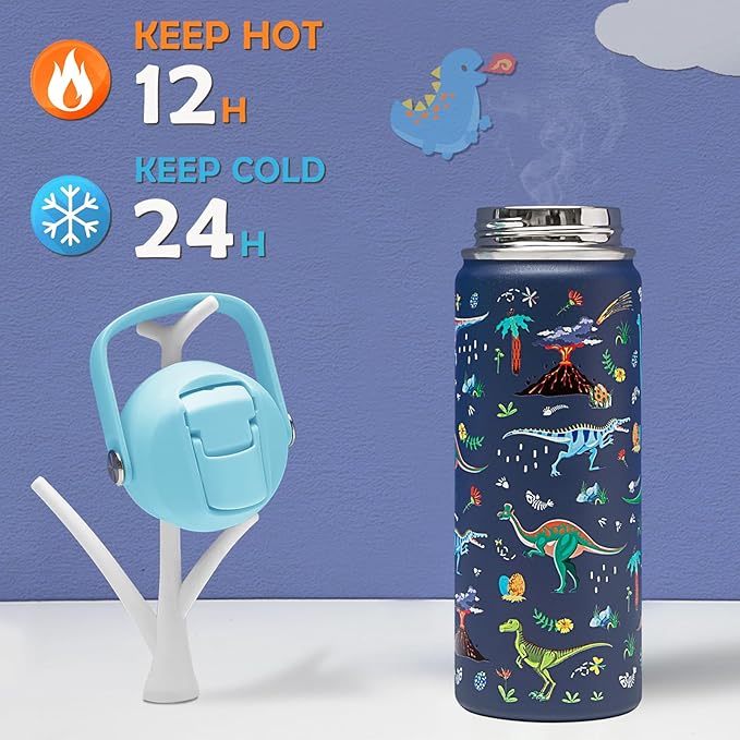 18oz Kids Insulated Water Bottle with Straw Lid - 18/8 Stainless Steel Kid Cup BPA-FREE Travel Tumbler Double Wall Vacuum Leak Proof Portable Toddler Water Bottle(Dinosaur)