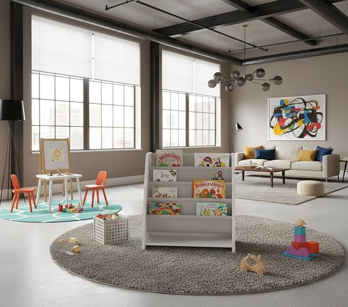 Baby Bookshelf Wood Montessori Kids Book Shelf Dutch Design 5Tier Scalloped,Milkywhite