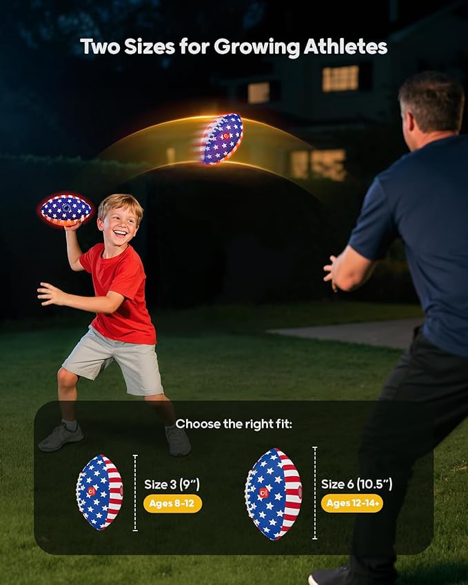 QPAU 9" Glow in The Dark Football (Size 3, 2 Packs), Light Up Youth Football with Pump & Batteries, Outdoor Toys & Games for Boys Girls, Birthday Gifts for Kids and Teens