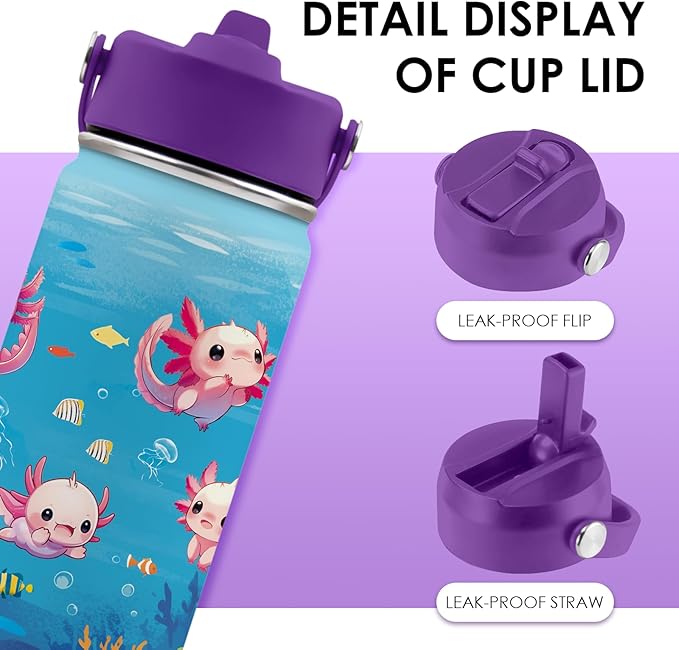 Axolotl Gifts for Girls 16 oz Kids Water Bottle with Straw Lid, Stainless Steel Insulated Tumbler, Leak Proof, BPA-Free,Adorable Ocean Animal Mug Cup for Sports,Travel Children Birthday Gifts (1pc)