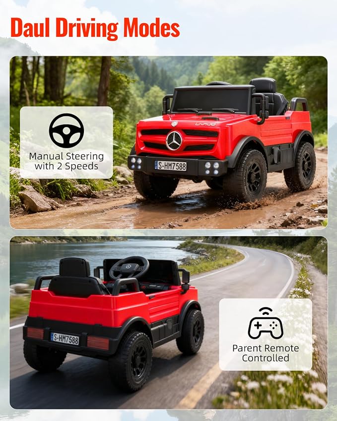 12V Ride on Car for Kids, Licensed Mercedes-Benz Unimog Truck w/Parent Remote Control, LED Headlights, Music Player & Horn for 3-6 Years Toddler, Red