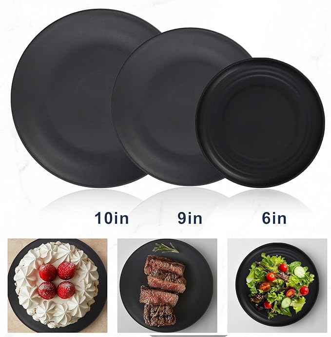 Wrova Wheat Straw Dinnerware Set of 40 Pieces - 10" & 9" Plates, 6" Snack Plates, 26oz & 12oz Bowls & Cups - Unbreakable, Microwave & Dishwasher Safe - Black