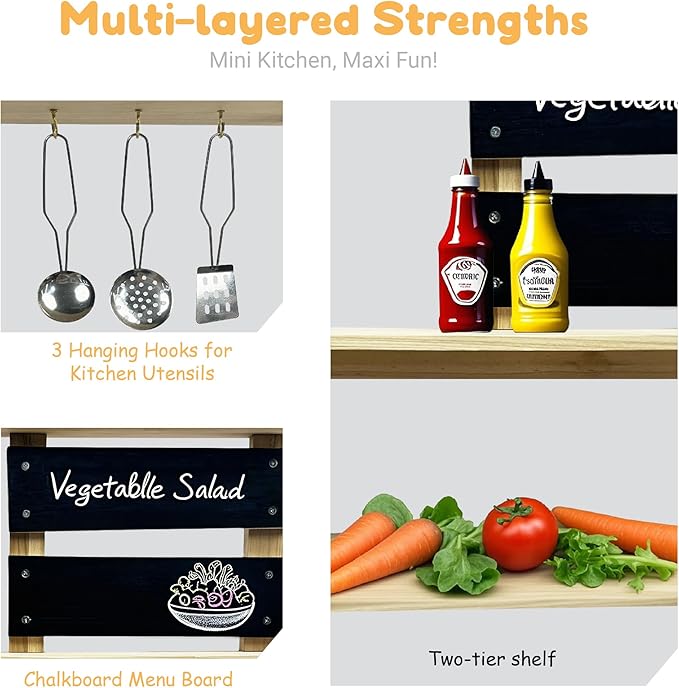 Wooden Mud Kitchen, Outdoor Play Kitchen with Sink, Blackboard, Storage Shelves and Kitchen Accessories, Fir Wood Pretend Kitchen for Boys and Girls