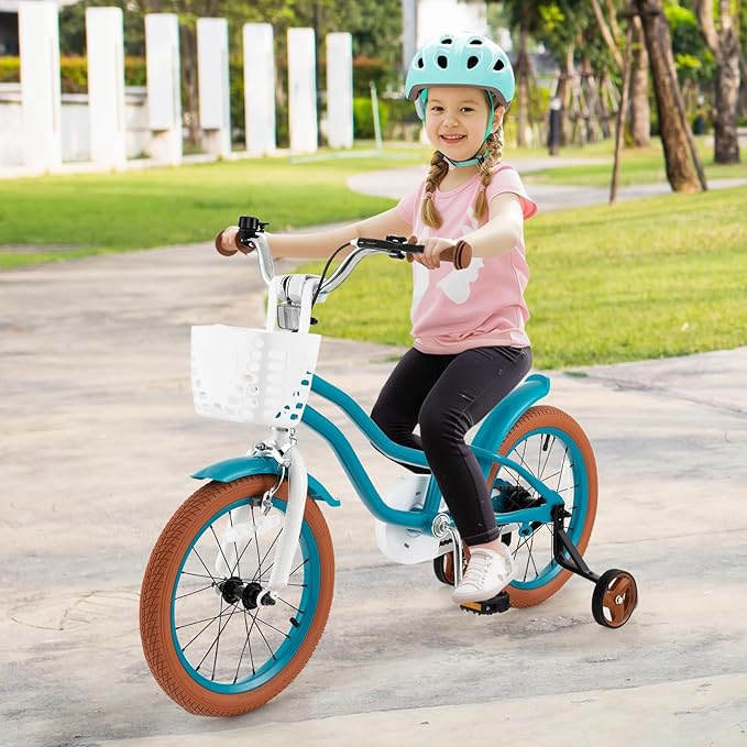 COSTWAY Kids Bike, 12 14 16 18 Inch Toddler Bike Children Bicycle w/Training Wheels, Hand & Coaster Brakes, Adjustable Saddle & Handlebar, Basket, Bell, Kids Bicycle for Girls Boys Aged 3-8 Years Old
