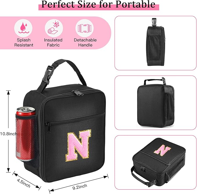 Initial Insulated Lunch Bag, Lunch Box with Initial Letter Patch for Teen Adult, Reusable Lunch Bag for Men Women, Ideal Back to School Gift Birthday Gift, Pink N