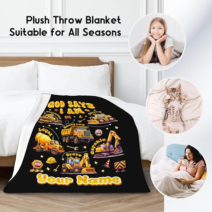 Personalized Boys Truck Blanket, Gifts for Toddler Sons, Fleece Cozy Throw for Sofa, Excavator Kids Inspirational Gifts, 30"x40"