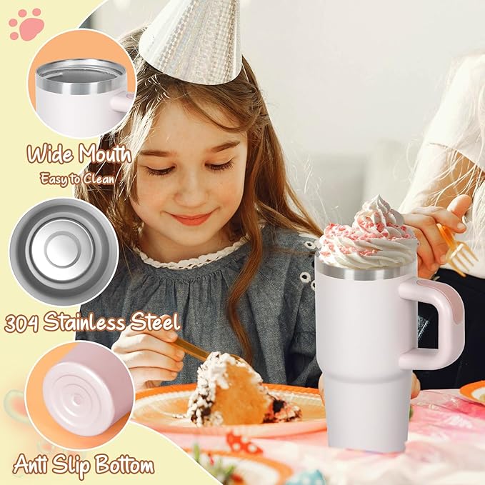 Cosictic 14 Oz Tumbler with Handle and Straw for Kids, Stainless Steel Double Wall Vacuum Insulated Cup for Children, 14 Oz Cups for Kids (Hot Pink, Rose Quartz)