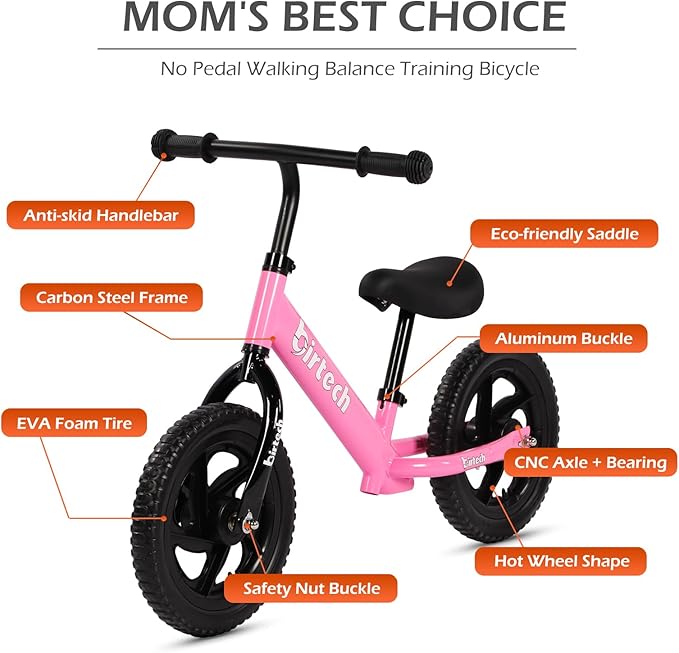 Birtech 12 Inch Toddler Balance Bike for Kids 2-6 Years Old, Adjustable Seat Height, Indoor Outdoor Toy Bicycle With No Pedals, Pink