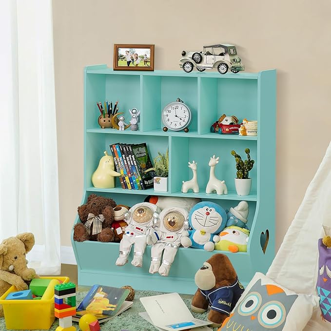 Lerliuo Kids Toy Storage Organizer, 3 Tier Children Small Bookcase and Bookshelf, Toddler 7 Cubby Toy Storage Cabinet, Toy Shelf for Playroom, Bedroom, Living Room, Nursery, School 29.53'' H (Green)