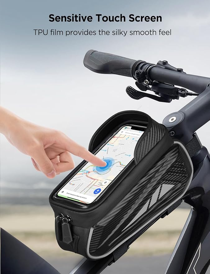 Bike Phone Holder Bag, EVA Waterproof Bicycle Front Frame Bag, Bike Accessories Cycling Pouch with Sensitive TPU Touch-Screen, Bicycle Phone Mount with Rain Cover for Phone under 7" (Sliver, 7 inch)