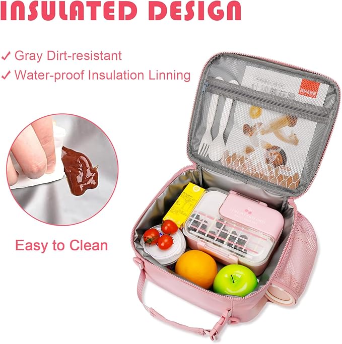 Kids Initial Lunch Bag, Reusable Insulated Lunch Box for Girls Toddlers, Back to School Gift, Leak-proof Cooler Bag for School Daycare Travel Picnic, Pink-L