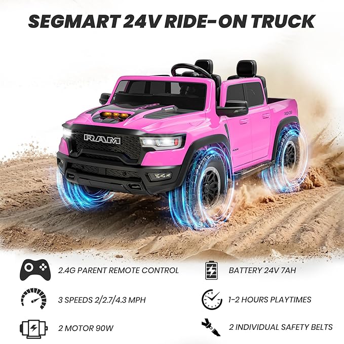Licensed RAM 1500 RHO 24V Ride on Car for Kids, 2 Seater Pink Car for Girls w/Remote Control, Kids Electric Car with LED Lights, Bluetooth, Music, 4 Wheels Suspension, Truck Bed Storage(Pink)