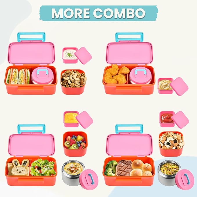 PIQUEBAR Kids Lunch Box with 8oz Thermo, Leakproof Bento Box with Insulated Bag, Kids Insulated Water Bottle with Straw, Food Lunch Container for Back to School Girls Boys, Pink