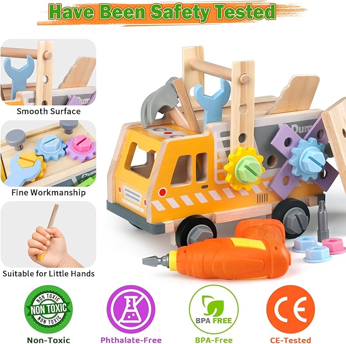 Aliex 38PCS Kids Wooden Truck Tool Set with Toy Drill for Toddlers Ages 3 4 5 6,Montessori STEM Educational Learning Construction Workbench Pretend Play Tool Kit,Birthday Sensory Gift for Boys Girls