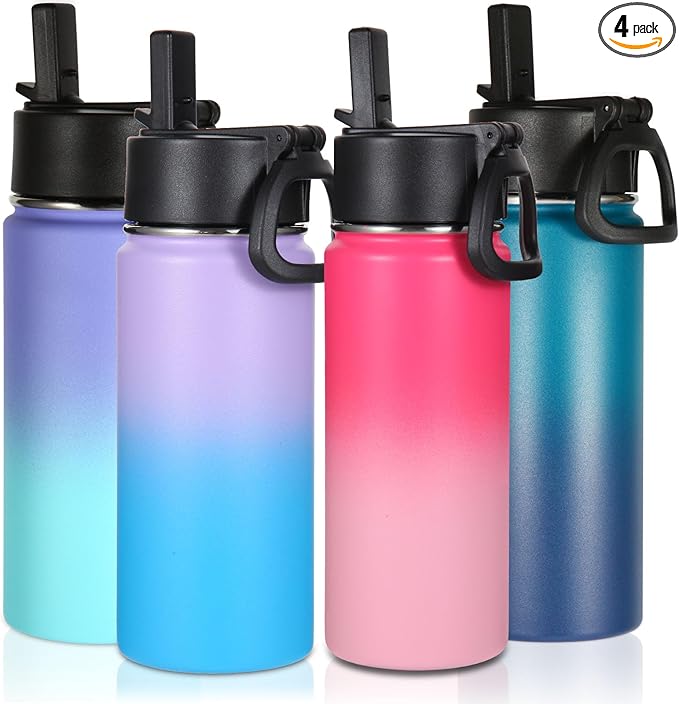 Volhoply 16 OZ Kids Water Bottle Bulk 4 Pack,Insulated Sports Bottles with Straw Lid,Stainless Steel Bottle with Handle Keep Cold,Double Wall Vacuum Tumbler Cups for School,Girls(Assorted, 4)